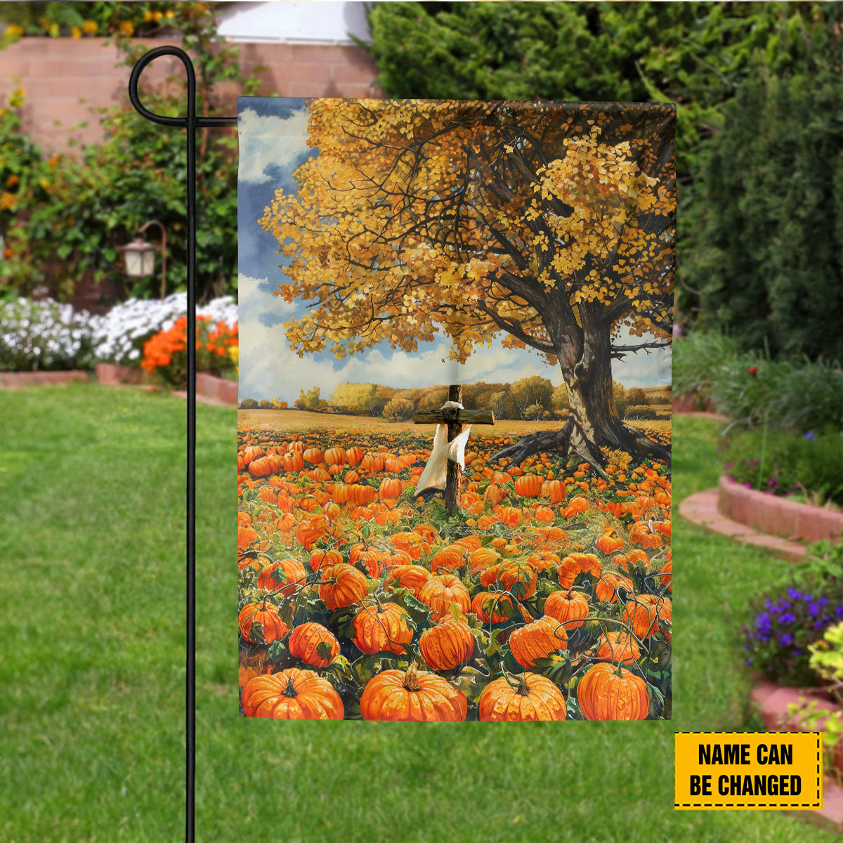 Teesdily | Jesus Thanksgiving House Flag, Autumn Pumpkin Field Landscape Garden Outdoor Flag, Fall For Jesus He Never Leaves Seasonal Decorations