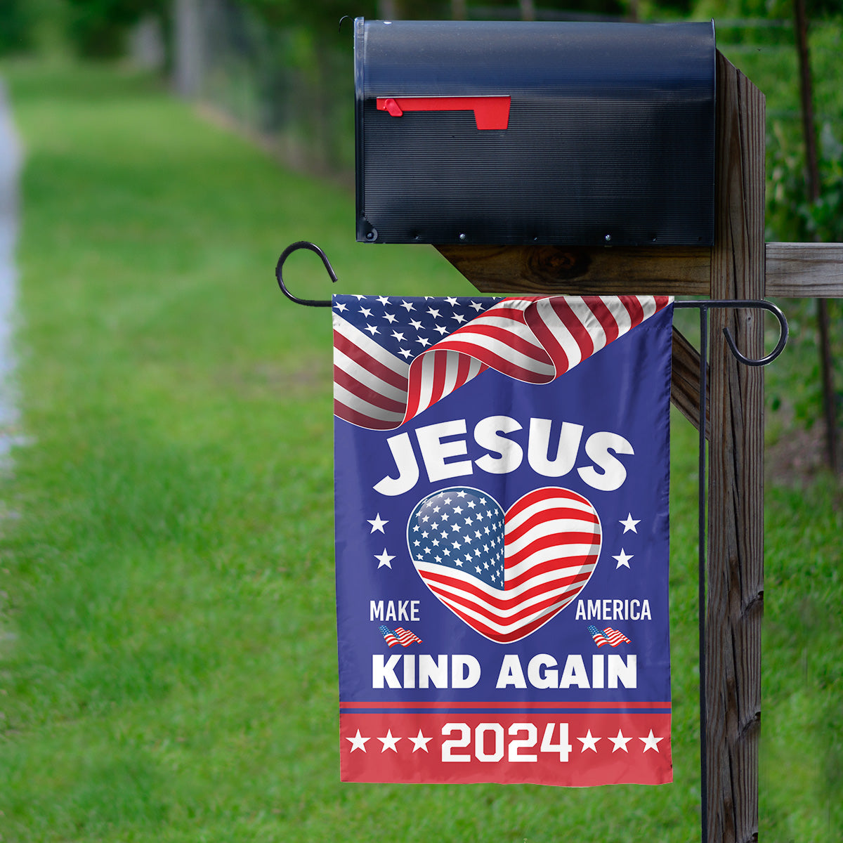 Teesdily | Jesus Make America Kind Again 2024 Garden Flag, Christian House Flag Yard Banner Outdoor Flag, Patriot Decor Home, Christ Religious Gift