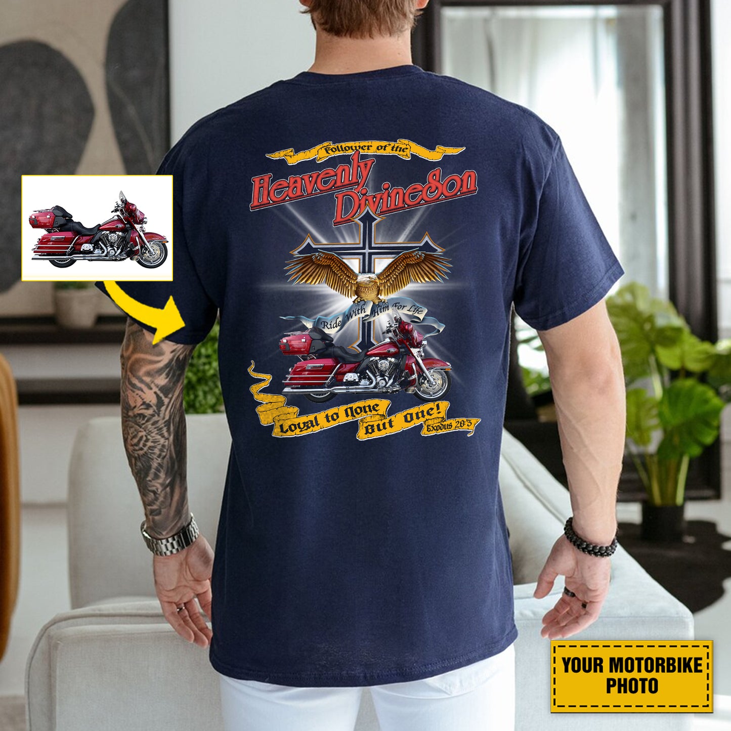 Teesdily | Customized Christian Biker Shirt, Follower Of The Heavenly Divineson Back Design Shirt Sweatshirt Hoodie Mug, Motorcycle Lovers Gifts