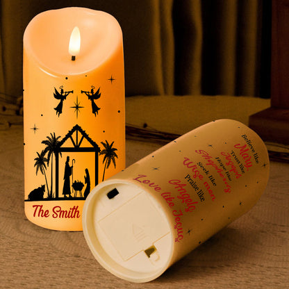 Teesdily | Customized Jesus Nativity Led Candle, Believe Like Mary, Love Like Jesus Flameless Candle, Jesus Christmas Gift