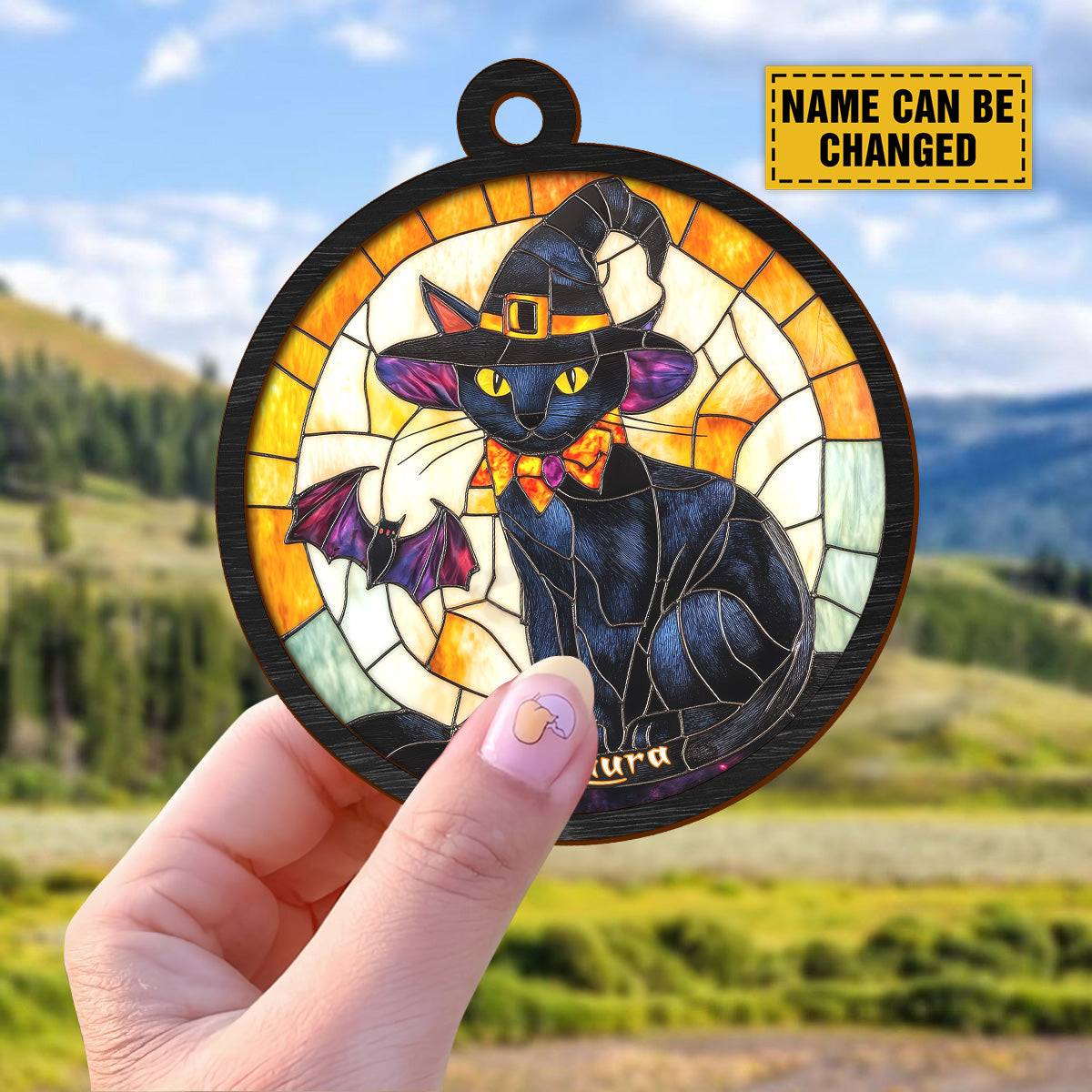 Teesdily | Customized Black Cat Halloween Suncatcher Ornament, Black Cat Witch Halloween Car Hanging Ornament, Halloween Spooky Season Gifts