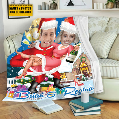 Teesdily | Christmas Couple Custom Photo Blanket, Christmas Theme Customize Blanket, Funny Xmas Gift For Partner, Christmas Holiday Bedroom Decor