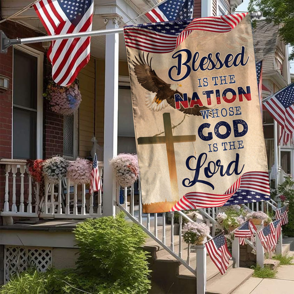 Teesdily | God Cross Eagle American Flag, Blessed Is The Nation House Flag, Independence Day Home Decor, Christian Garden Flag, God Lover Gifts