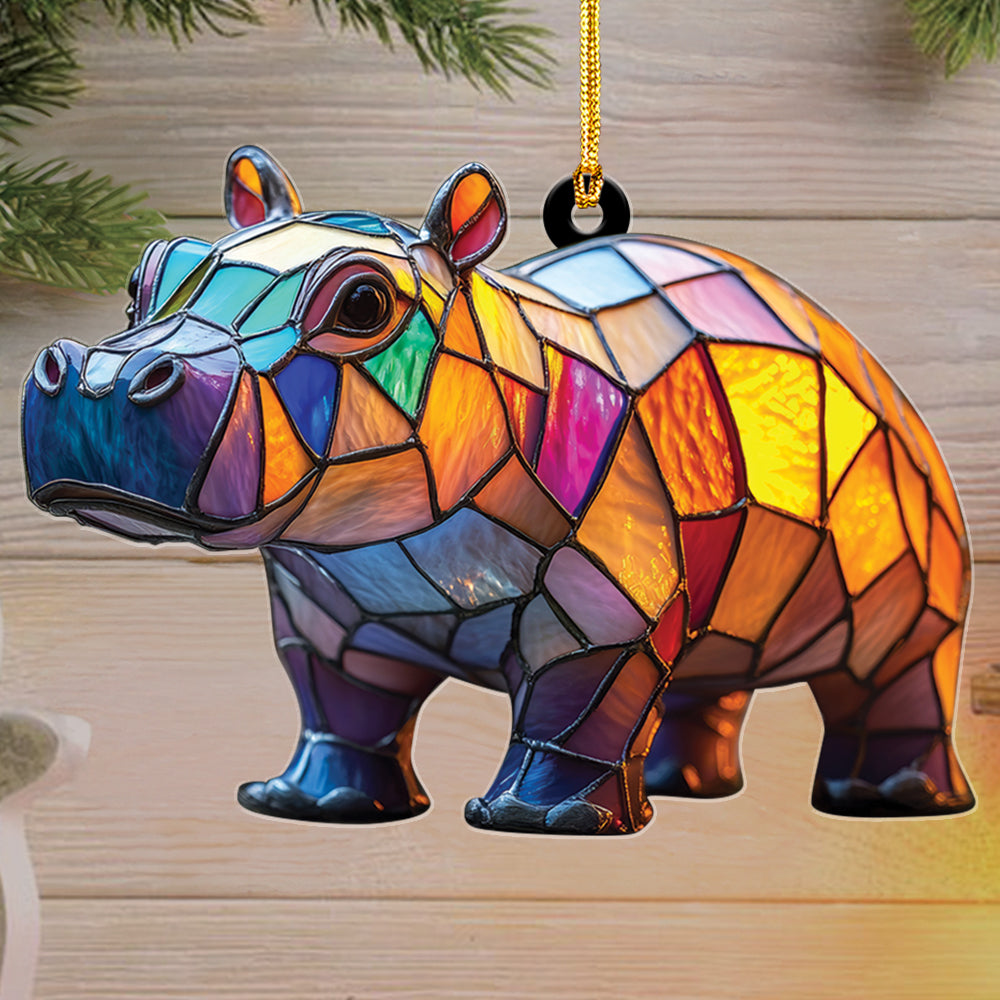 Teesdily | Cute Colorful Mosaic Hippopotamus Christmas Ornament, Stained Glass Design Hippo Xmas Gift Ornament, Hippo Lovers Gift