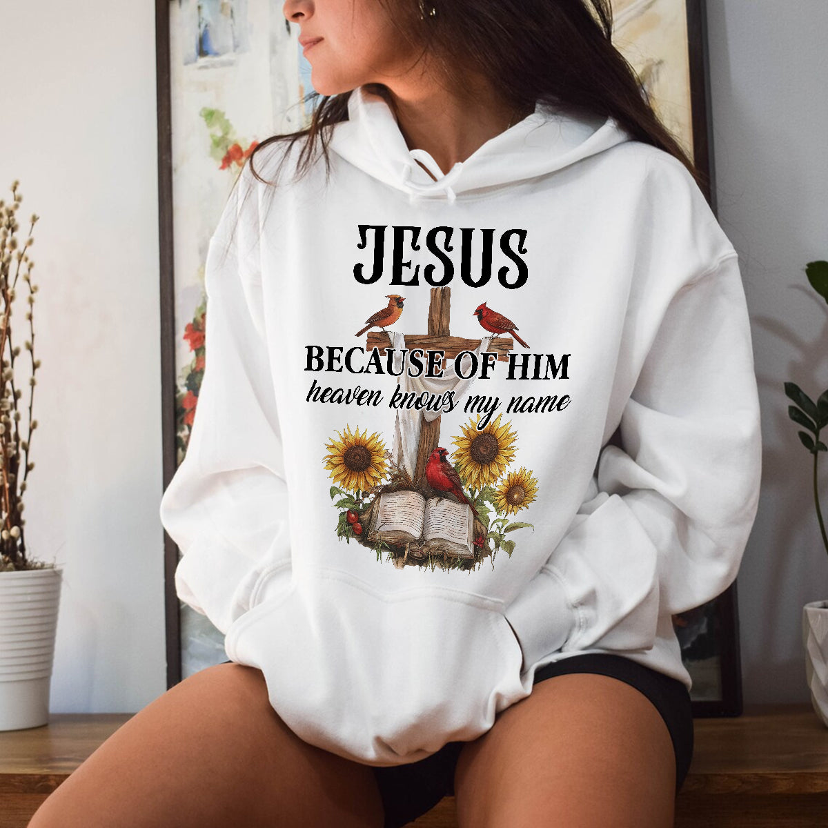 Teesdily | Jesus Christ Cardinal Shirt, Because Of Him Heavens Knows My Name Shirt, Christian Gift, God Believers Unisex Tshirt Hoodie Sweatshirt Mug