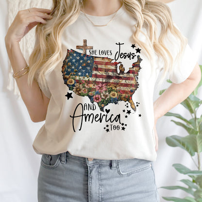 Teesdily | Jesus American Flag Flower Cross Shirt, She Loves Jesus And America Too Sweatshirt, US Pride Patriot Hoodie, Independence Day Gifts