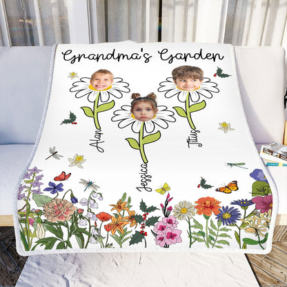 Teesdily | Grandmas Garden Personalized Fleece Blanket With Pictures Happy Mother's Day Cozy Blanket Cusomized Gift For Grandmom Gardening Lovers