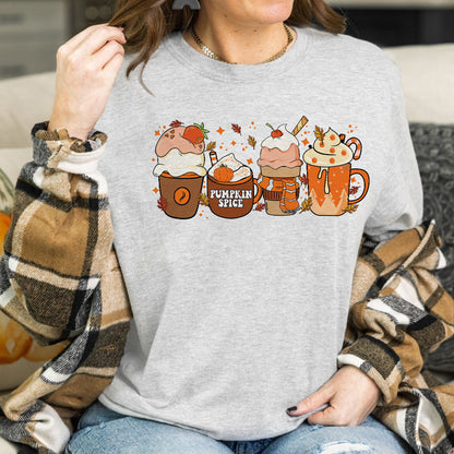 Teesdily | Halloween Pumpkin Spice Sweatshirt, Fall Thankful Coffee Cup Hoodie Mug, Halloween Pumpkin Latte Drink Tee Gift