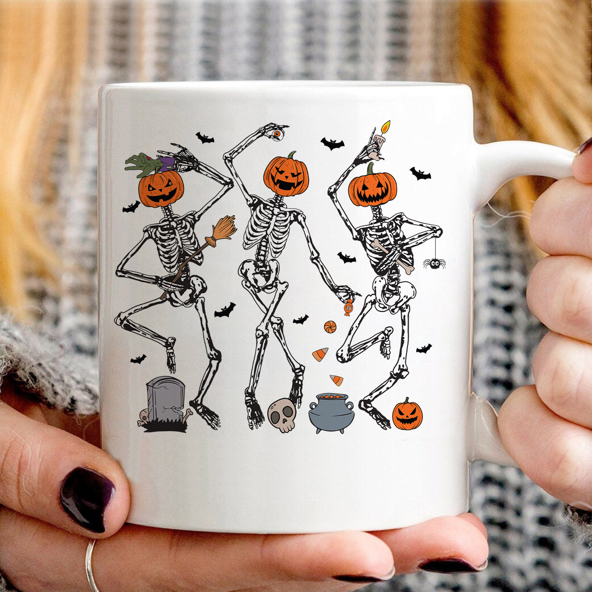 Teesdily | Dancing Skeleton Pumpkin Shirt, Retro Halloween Spooky Season Sweatshirt Hoodie Mug, Halloween Pumpkin Face T-shirt, Halloween Shirt Gift