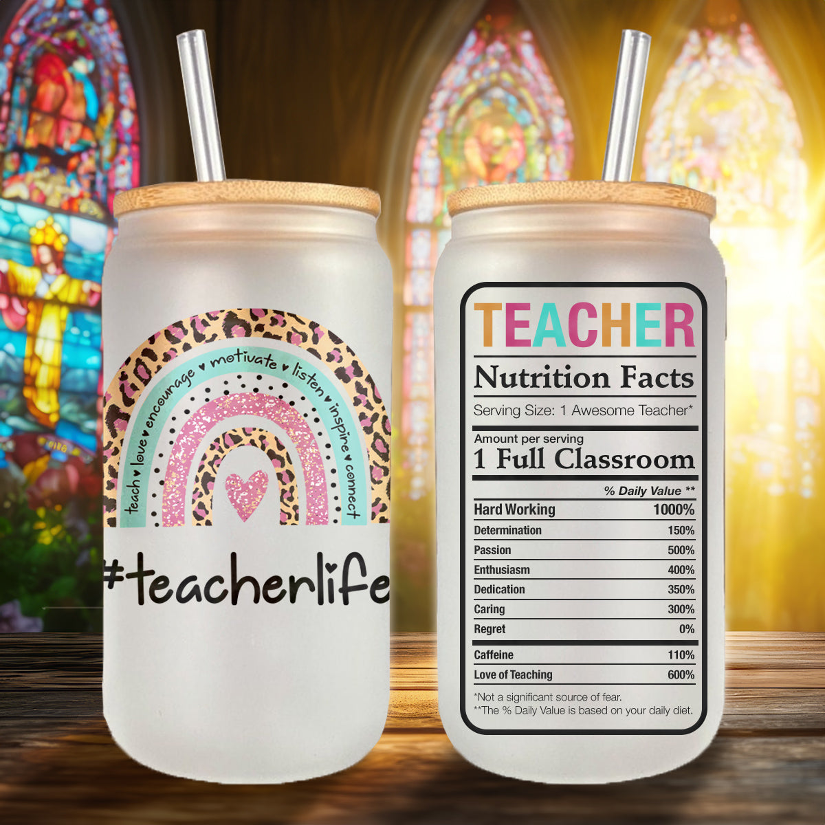 Teesdily | Teacher Life Rainbow Personalized Glass Can, Teacher Nutrition Facts Frosted Glass Can, Teacher Appreciation Glass Can With Straw Gifts