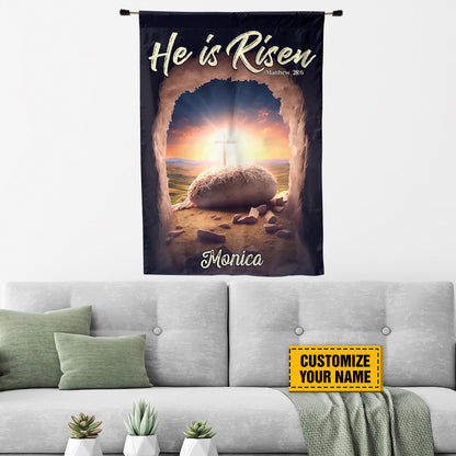 Teesdily | Jesus Resurrection Personalized Flag He Is Risen Easter Garden Flag Christian Home Decor Outdoor Decoration Custom Gifts