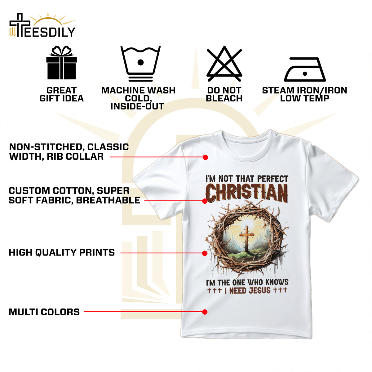 Teesdily | God Cross Thorns Shirt, I'm Not That Perfect Christian I'm The One I Need Jesus, Unisex Tshirt Hoodie Sweatshirt Mug