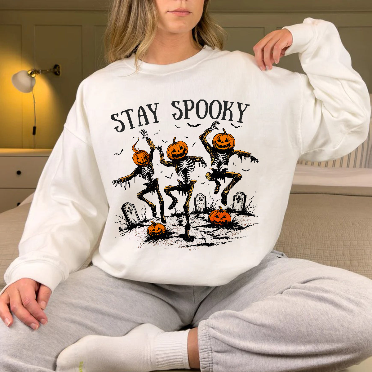 Teesdily | Halloween Skeleton Pumpkin Shirt, Stay Spooky Sweatshirt Hoodie Mug, Dancing Skeleton Pumpkin Face T-Shirt, Holiday Outfit, Halloween Gift