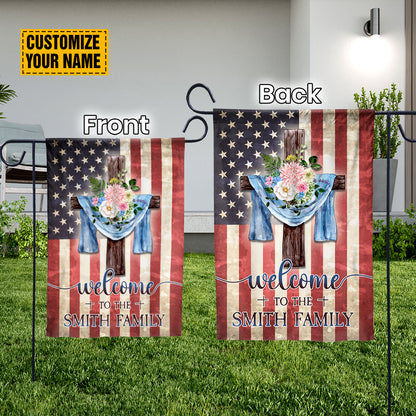 Teesdily | Jesus Cross Floral Customized Family Name Garden Flag, Welcome Home American Flag Decor
, Independence Day Home Decor, Outdoor Decor