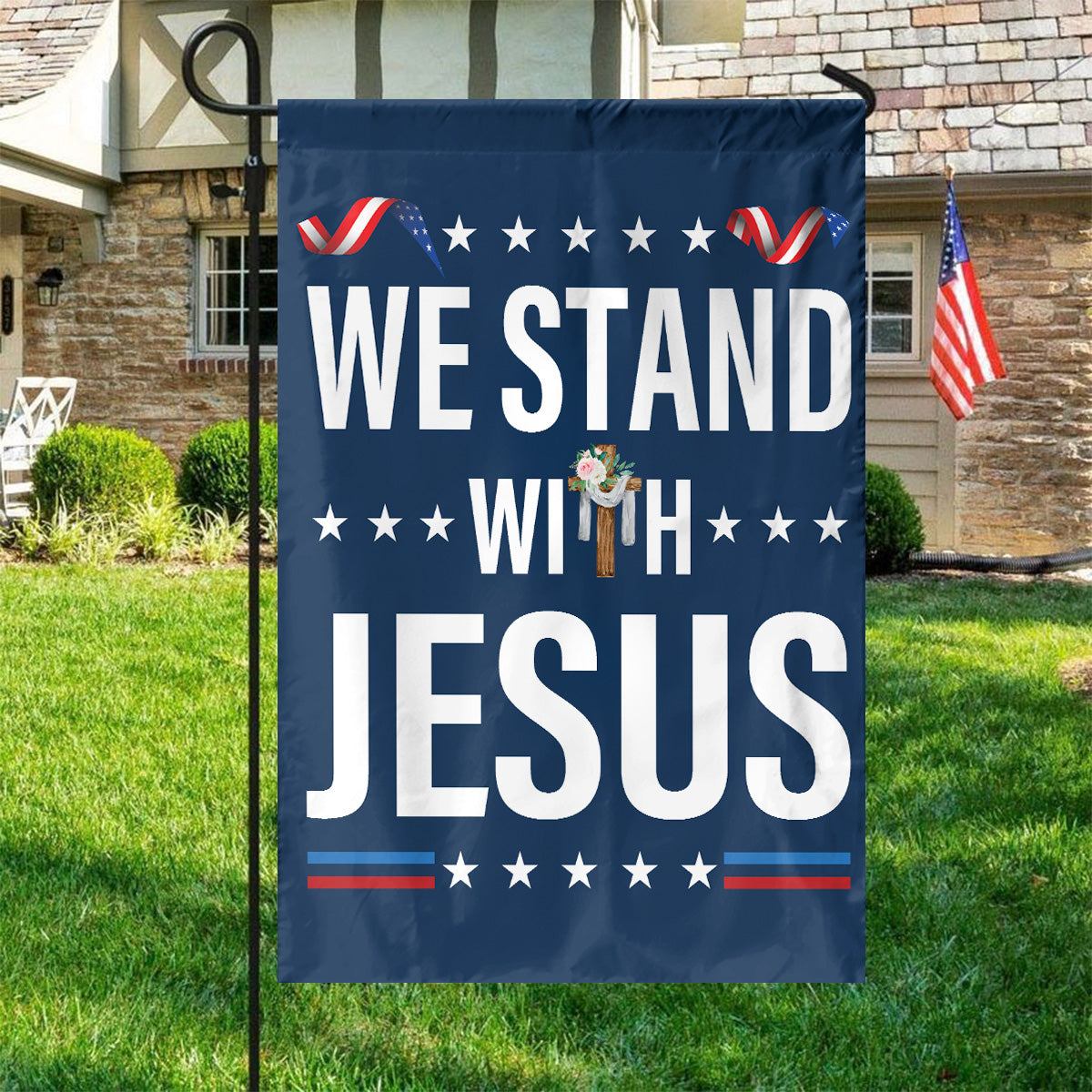 Teesdily | We Stand With Jesus House Flag, Christian Cross Flower Garden Flag, Christian Patriotic Yard Decor, Christ Banner Flag, Jesus Lovers Gifts