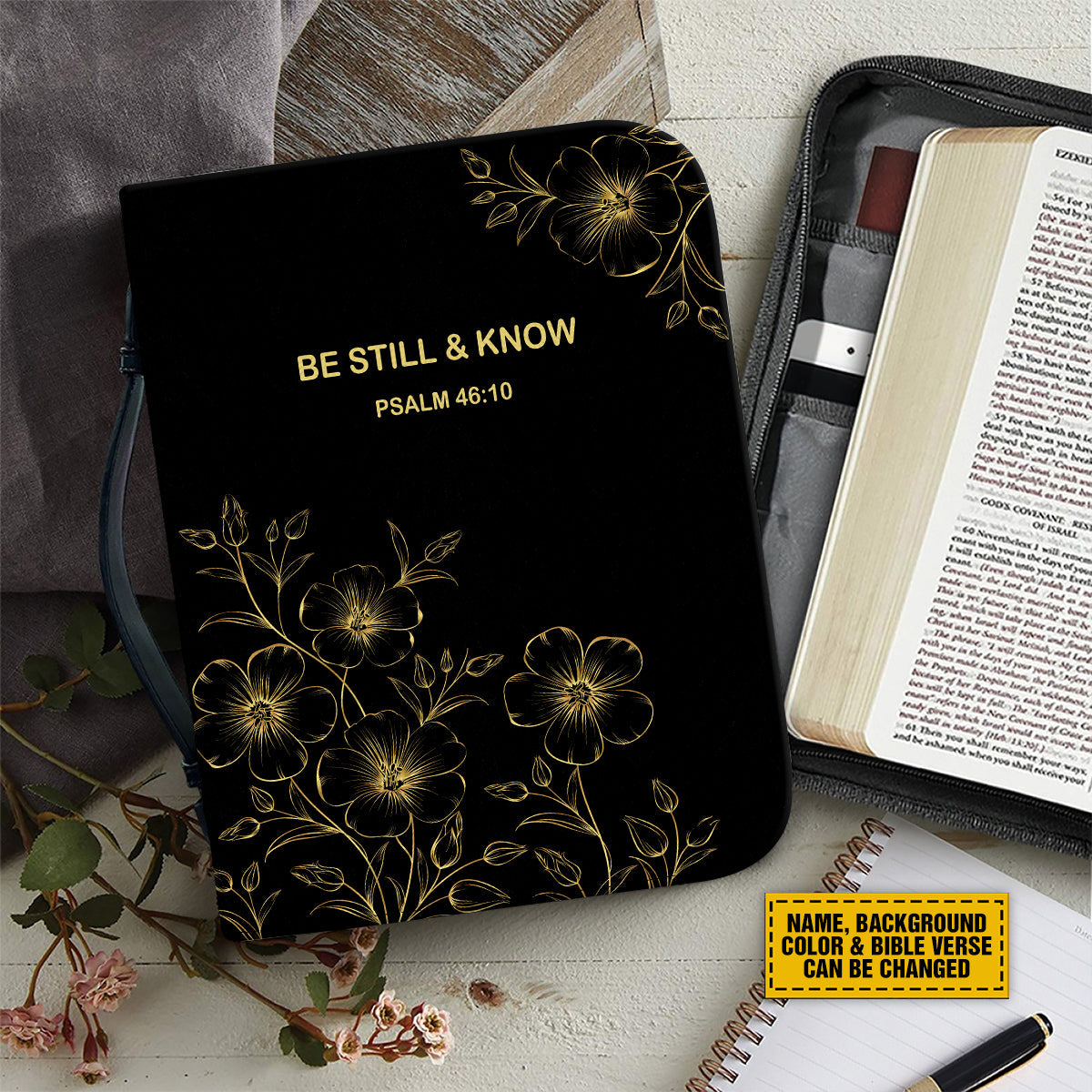 Teesdily | Customized Be Still And Know That I Am God Bible Bag, Floral Drawing Minimalist Bible Case, Religious Gifts Idea Bible Cover With Handle