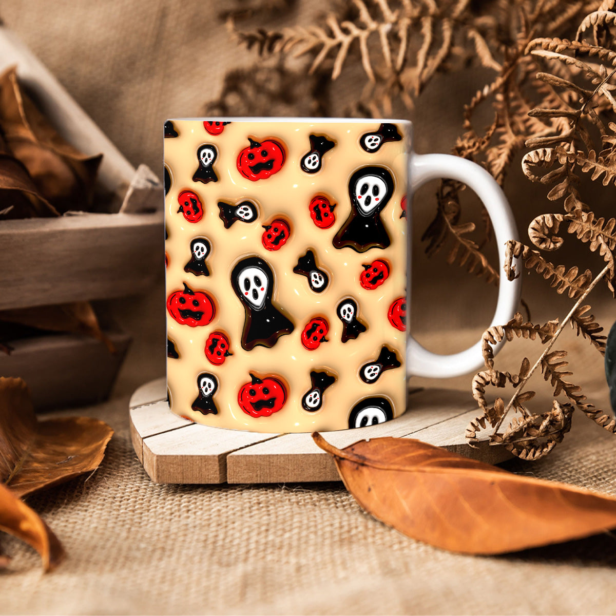 Teesdily | Halloween Ghost Inflated Mug, Cute Spooky Halloween 3d Inflated Print Ceramic Mug, Halloween Decor Gifts, Puffy Spooky Ghost Mug, Boo Mug