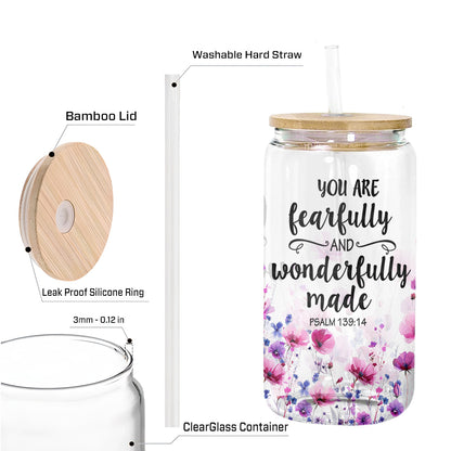 Teesdily | Wildflower Tumbler Glass, You Are Fearfully Wonderfully Made, God Bible Verse Glass Mug, God Gift, Frosted/ Clear Glass Can With Straw