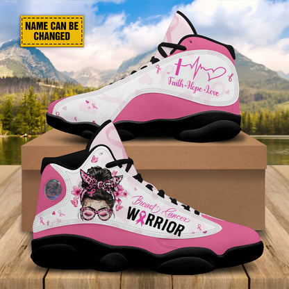 Teesdily | Custom Breast Cancer Warrior Basketball Shoes, Faith Hope Love Jesus Support Warrior Shoes Sneaker, Pink Ribbon Strong Girl Fighter Gift