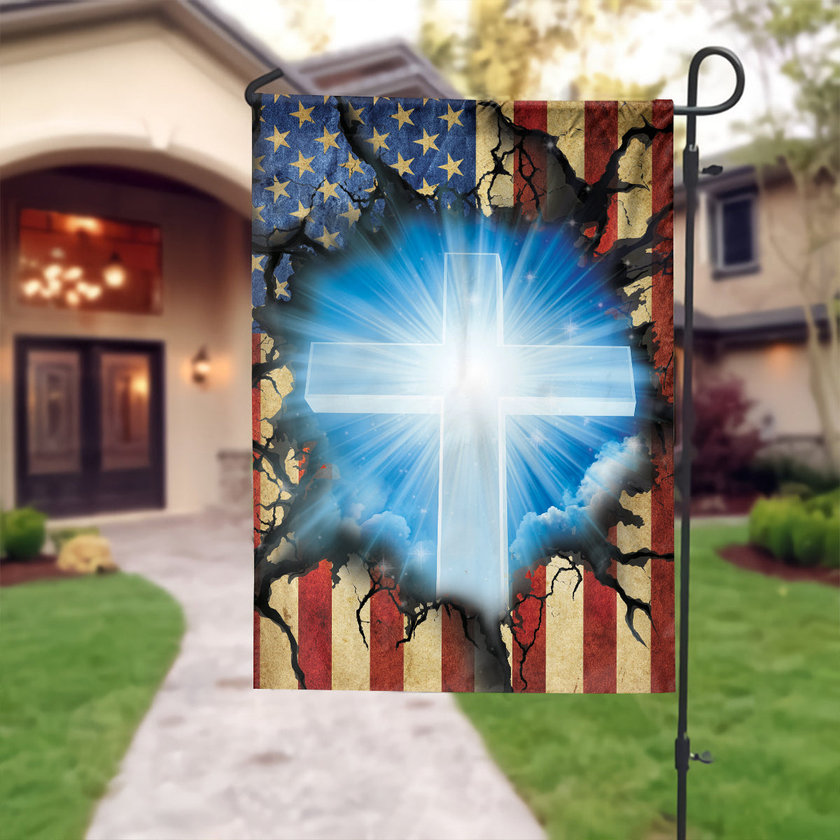 Teesdily | Jesus Cross Crack Hole House Flag, Jesus Christ Cross Garden Flag, Christian Home Garden Decor, Religious Outdoor Home Decor