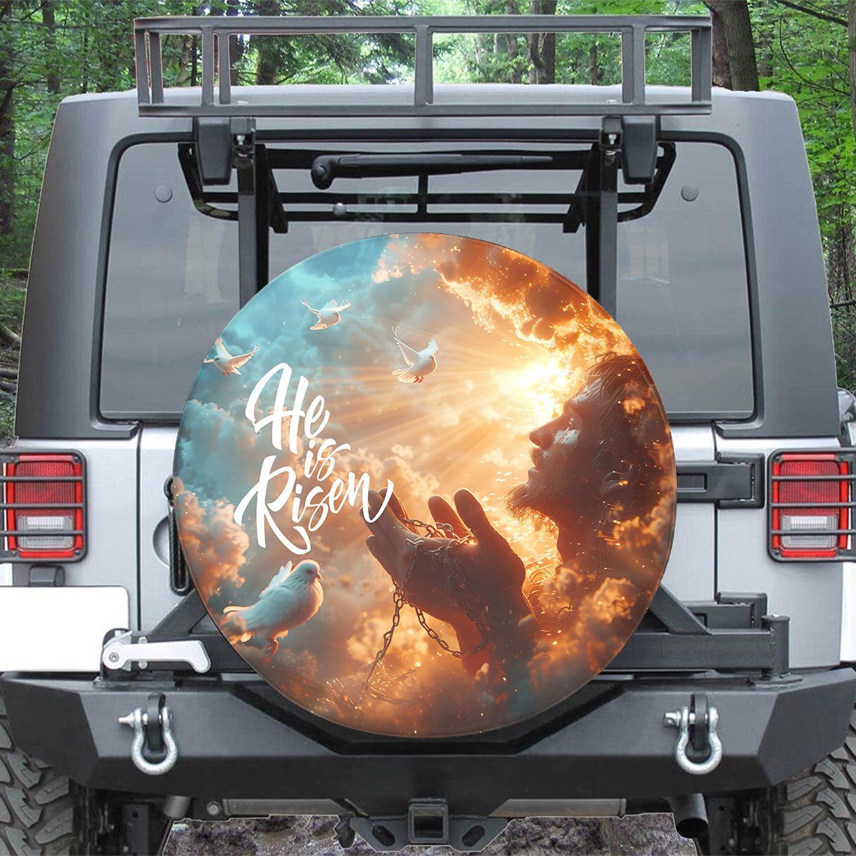 Teesdily | Jesus He Is Risen Spare Tire Protector Car, Jesus Christ Car Accessories, Faith Believers God Gifts, Spiritual Spare Tire Cover 27"-34"