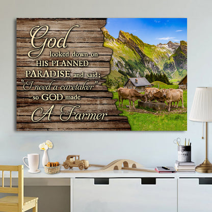 Teesdily | God Cow Farm Poster Canvas, So God Made A Farmer Wall Art Print, Wood Farmhouse Decor, Farmer Gifts, Christian Wall Decor