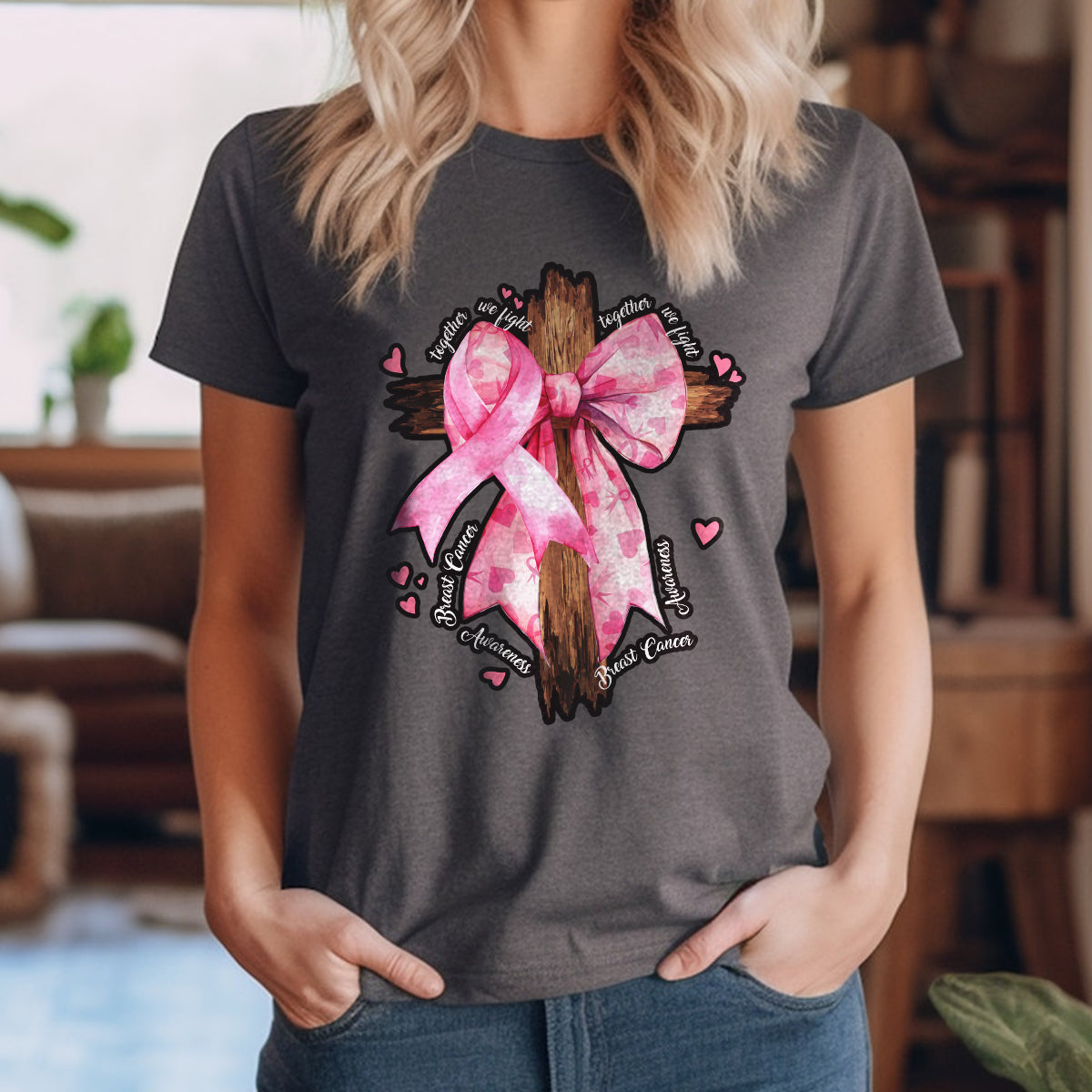 Teesdily | Pink Bow Cross Breast Cancer Shirt, Jesus Breast Cancer Sweatshirt, Together We Fight Cancer Hoodie Mug, Support Warrior Fighter Gift