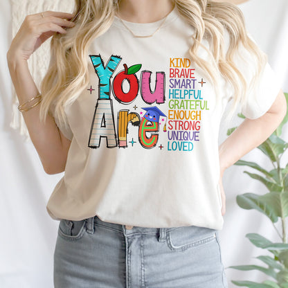 Teesdily | You Are Kind Loved Brave Enough Shirt, Back To School T-shirt, Teacher Love Sweatshirt Hoodie Mug, First Day Of School Tee, Teacher Gift