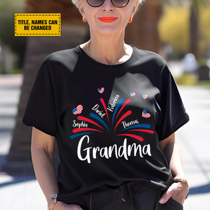 Teesdily | Customized Grandma American Flag Shirt, Fireworks Heart Mom Sweatshirt, Mama And Kids T-Shirt, Mom Papa Mug Cup, Independence Day Gifts