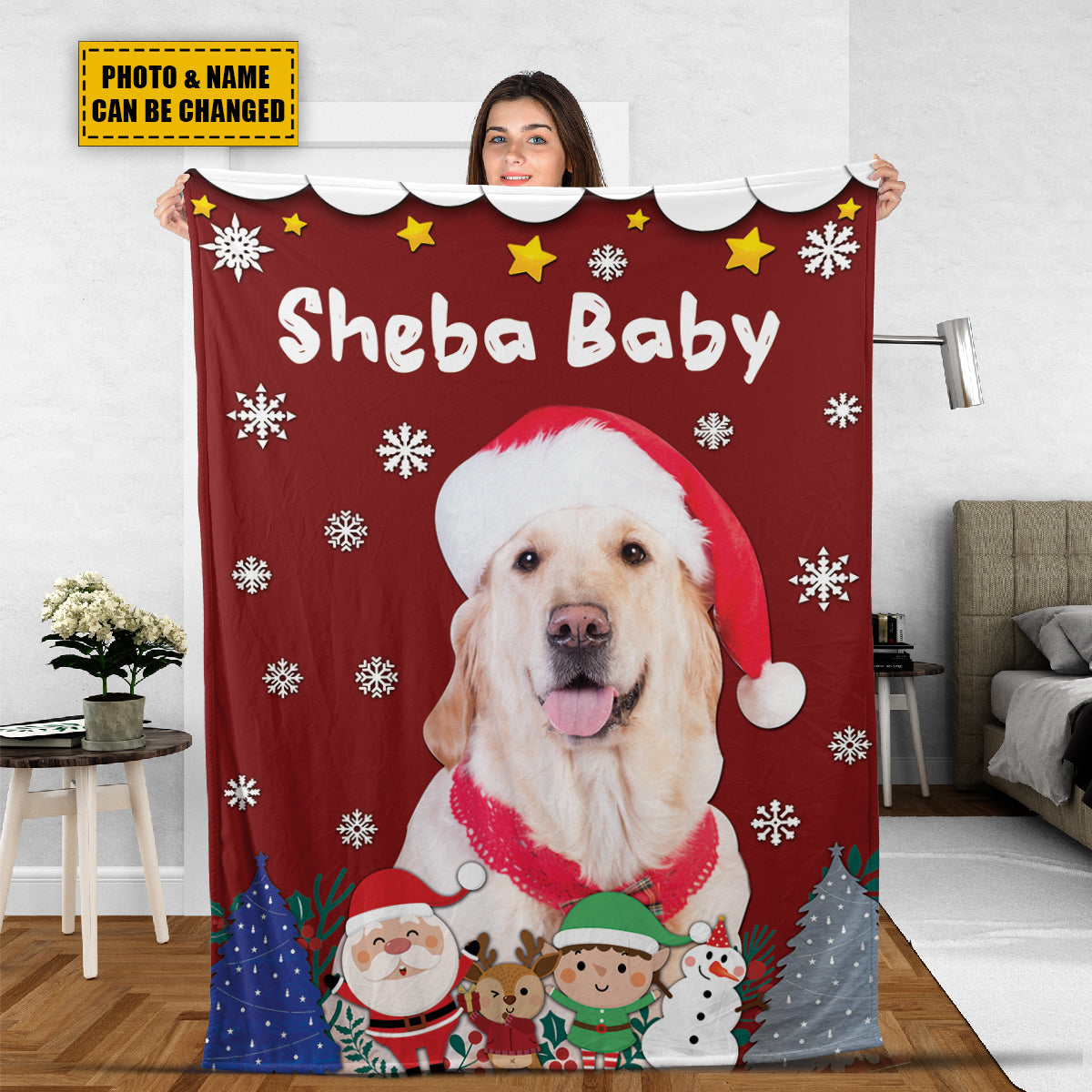 Teesdily | Dog Christmas Fleece Blanket Customized Photo Christmas Dog Sherpa Fleece Blanket Santa Clause Dog Cat Pet Owners Christmas Keepsake Gifts