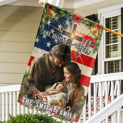 Teesdily | Customized Nativity Of Jesus Holy Family American Flag House, Oh Holy Night Christmas Garden Flag Decoration Yard