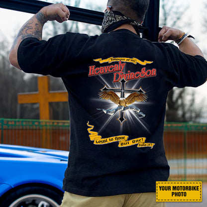 Teesdily | Customized Christian Biker Shirt, Follower Of The Heavenly Divineson Back Design Shirt Sweatshirt Hoodie Mug, Motorcycle Lovers Gifts