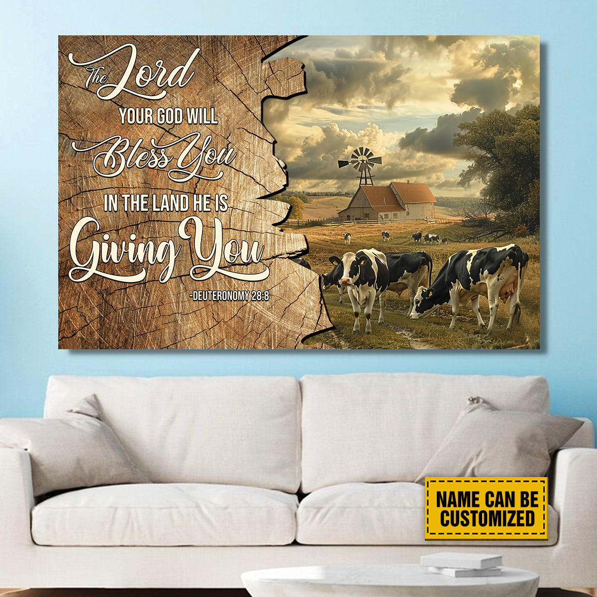 Teesdily | Personalized Dairy Cow Farming Painting Poster, The Lord Your God Will Bless You In The Land, Farmer Gift, Religious Poster Canvas