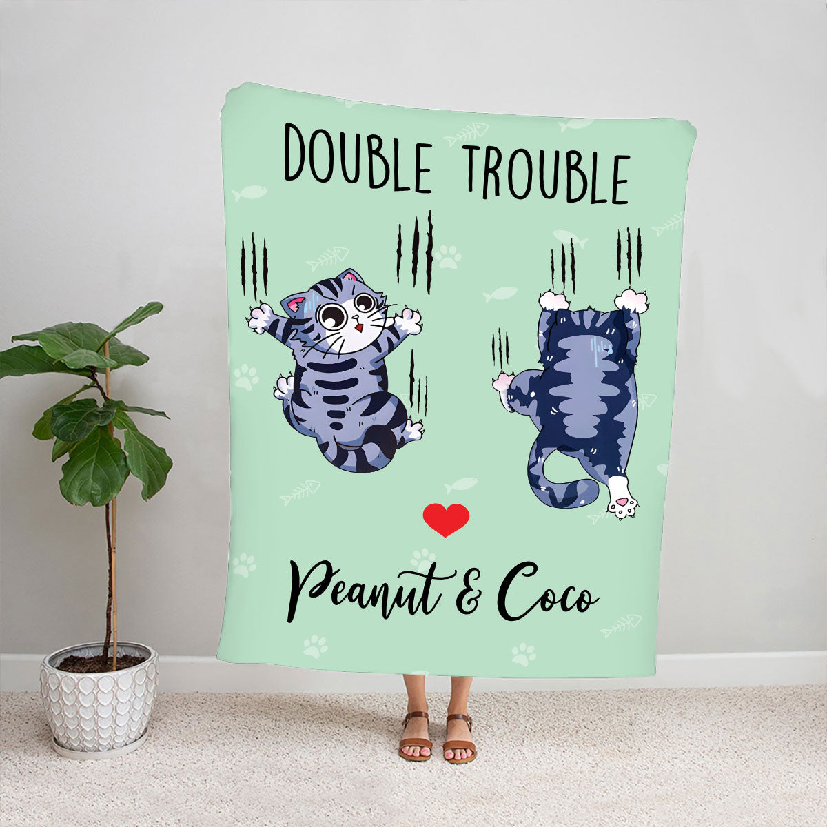 Teesdily | Personalized Naughty Cat Fleece Blanket, Cat Kitten Customize Blanket, Cat Double Trouble Funny Sofa Blanket, Cat Mom Dad Pet'S Day Gifts