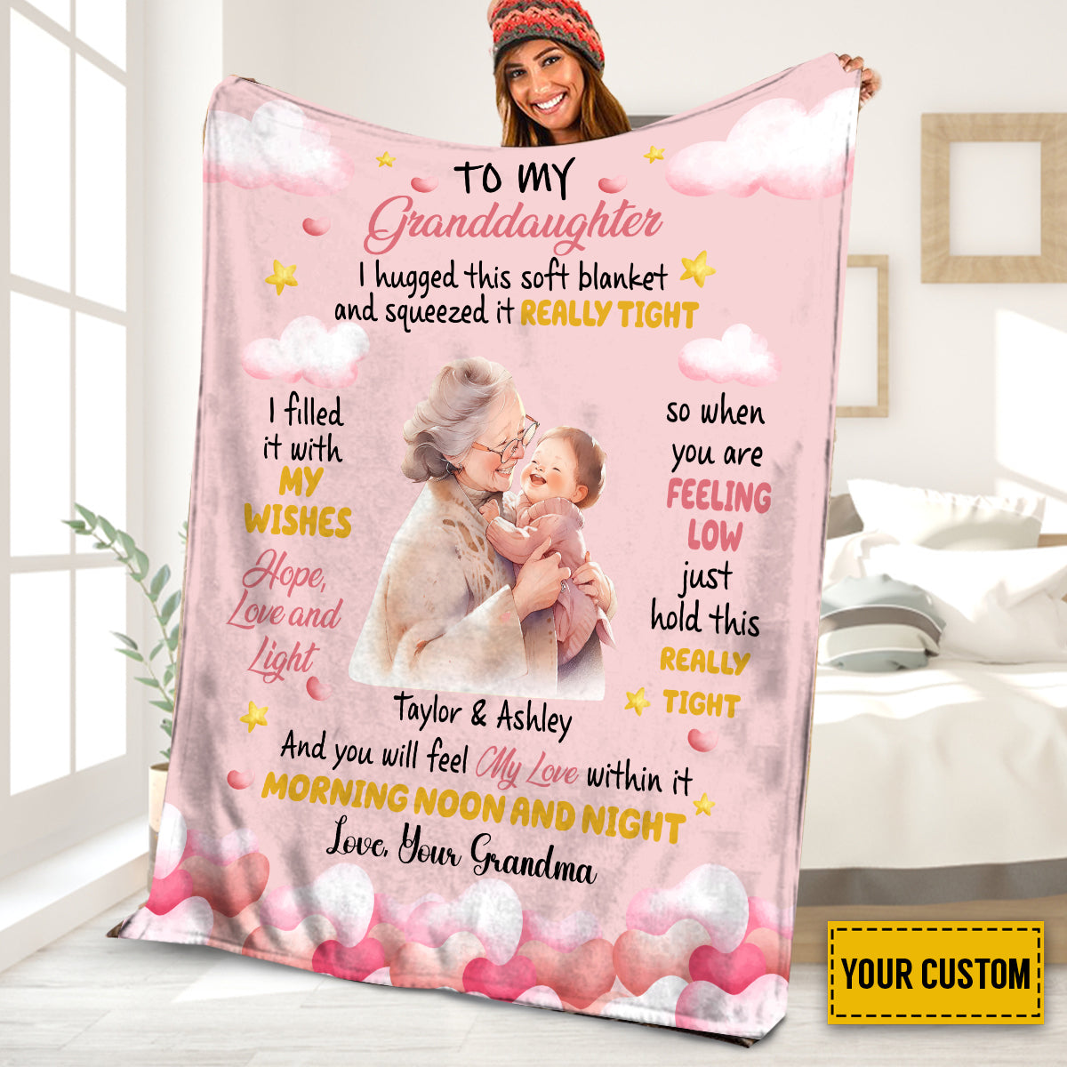 Teesdily | Personalized To My Granddaughter Blanket I Hugged This Soft Blanket And Squeezed It Really Tight Sherpa Fleece Cute Gift From Grandma