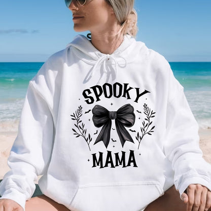 Teesdily | Retro Coquette Spooky Mama Bow Halloween Shirt, Back Bow Bat Flower Halloween Sweatshirt Hoodie Mug, Mama T-shirt, Halloween Gift