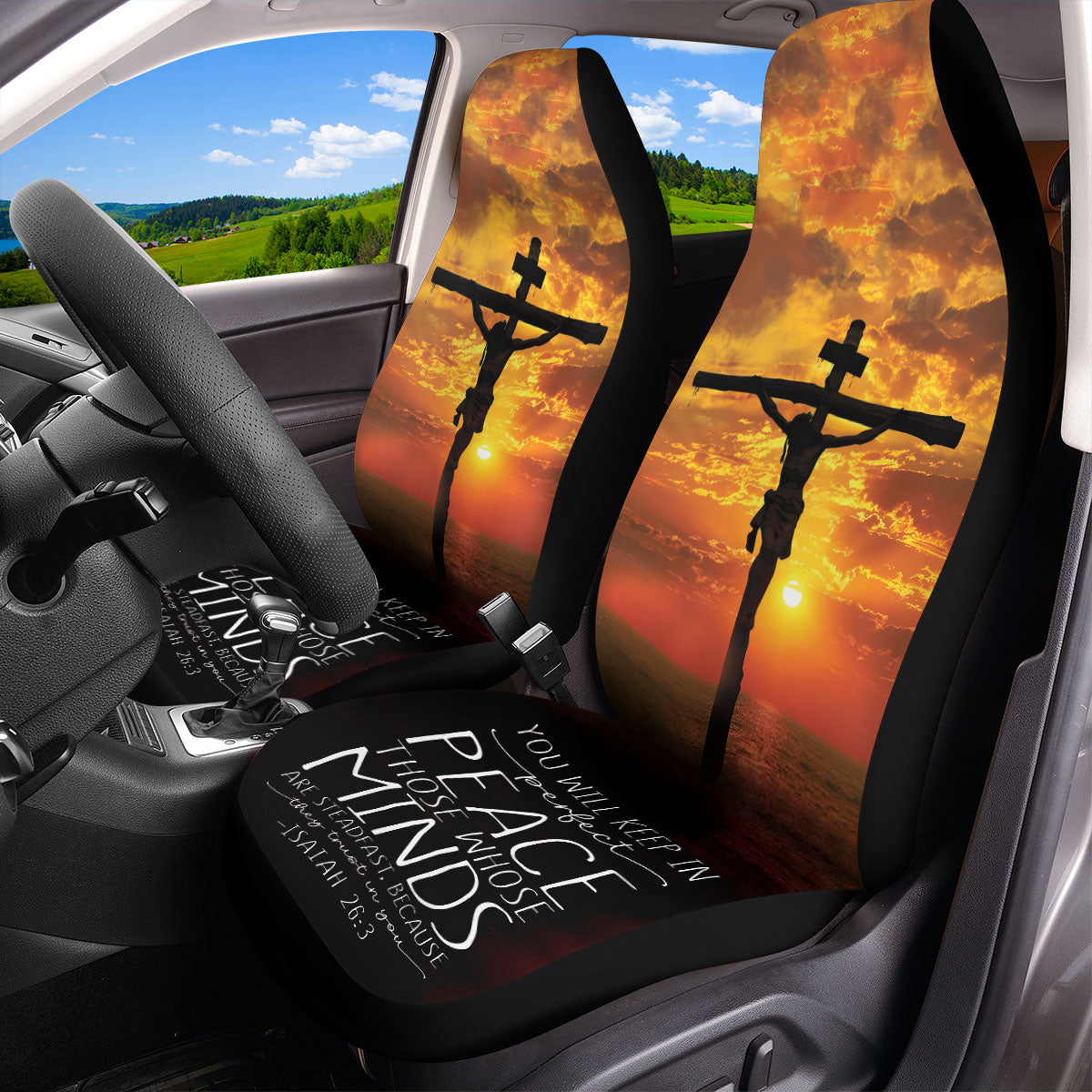 Teesdily | Jesus Cross Sunset Car Seat cover, You Will Keep In Perfect Peace Christ Car Seat Protector, Bible Verse Front Seat Cover, Christian Gift