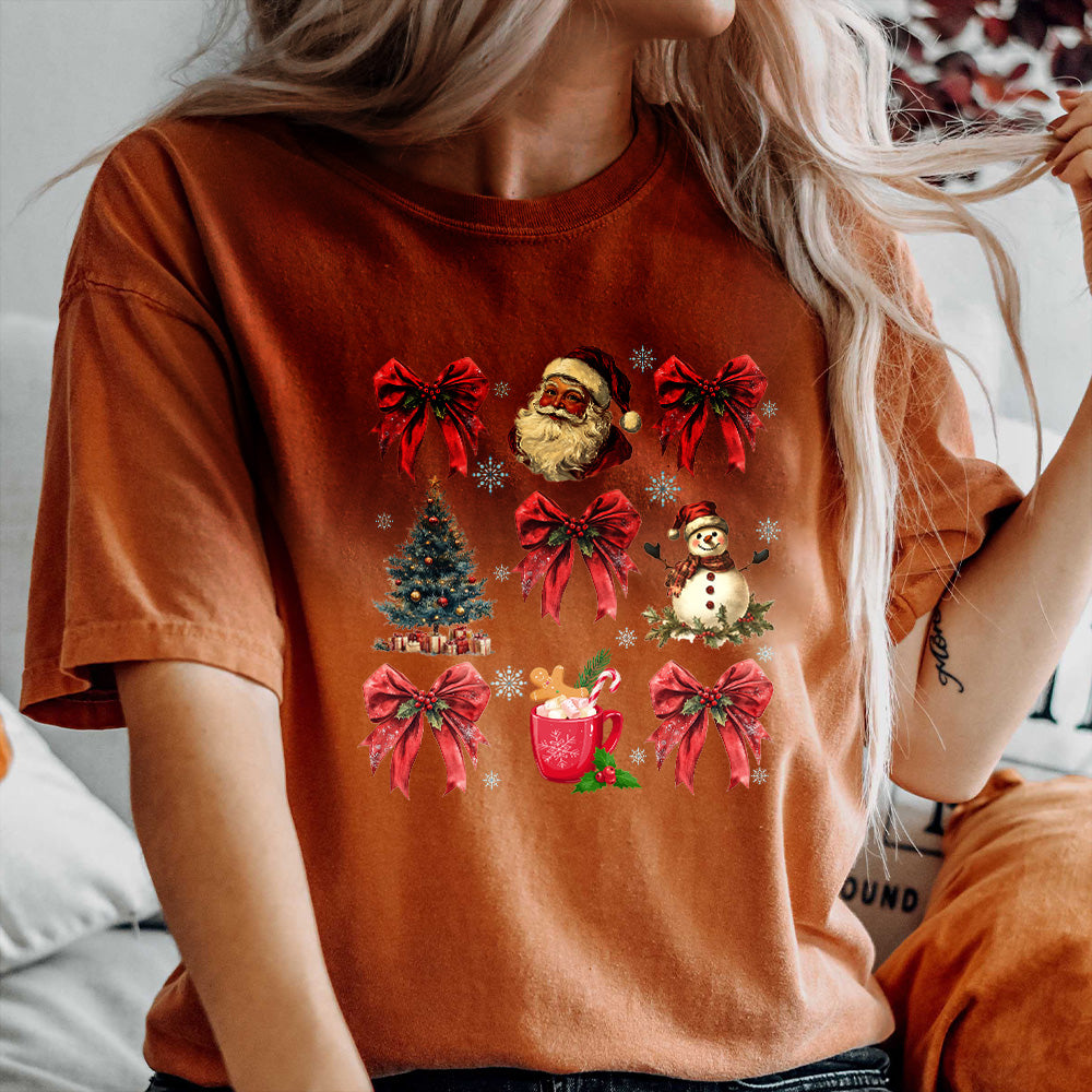 Teesdily | Christmas Coquette Bow Santa Shirt, Christmas Tree Snowman Mug Sweatshirt Hoodie, Retro Merry Bright Tee