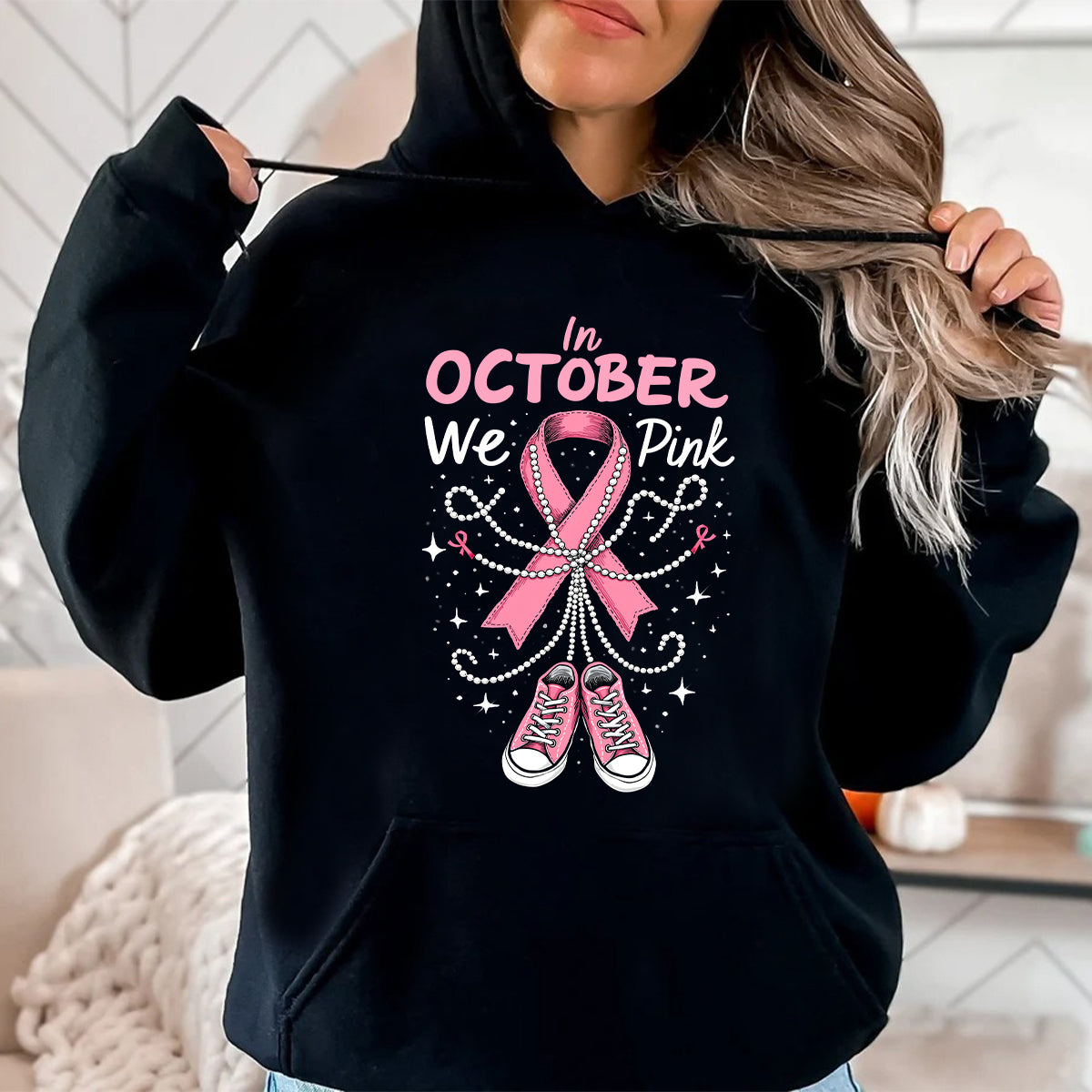 Teesdily | In October We Wear Pink Shirt, Pink Ribbon Shoe Sweatshirt, Breast Cancer Awareness Hoodie Mug, Support Warrior Halloween Gifts