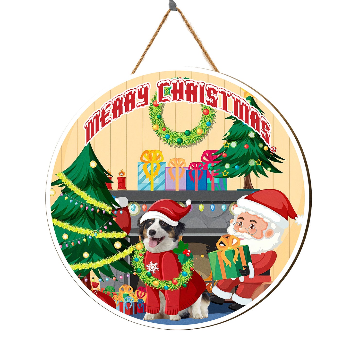 Teesdily | Christmas Personalized Signs With Pet Face, Merry Christmas Door Hanger, Christmas Door Signs Personalized, Front Door Welcome Sign