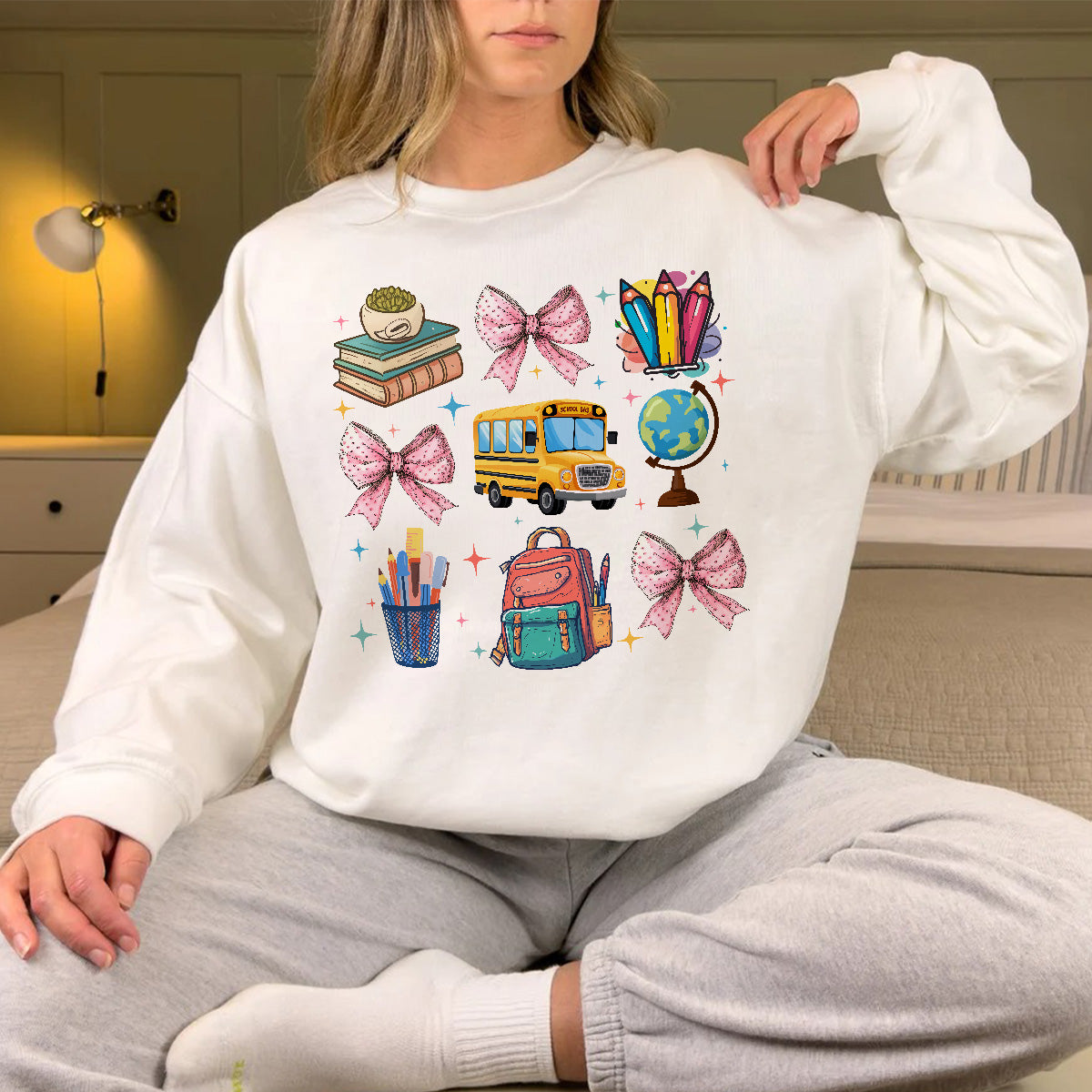 Teesdily | Coquette School Shirt, Back To School Shirts, Teacher Coquette Pink Bow Sweatshirt Hoodie Mug, First Day Of School, Teacher Appreciation