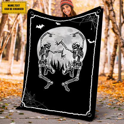 Teesdily | Couple Dancing Skeleton Personalized Fleece Blanket Gothic Skeleton Sofa Blanket Custom Halloween Gift For Wife Husband Boyfriend Girlfriend