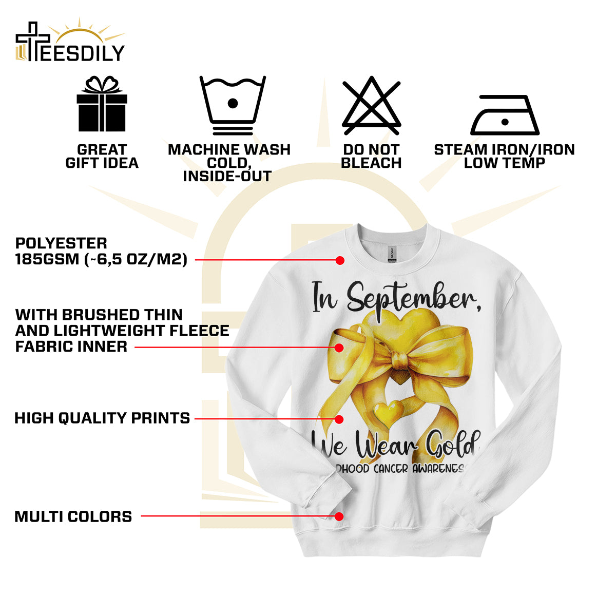 Teesdily | In September We Wear Gold Shirt, Cancer Coquette Bow Gold Sweatshirt, Childhood Cancer Awareness Hoodie Mug Survivor