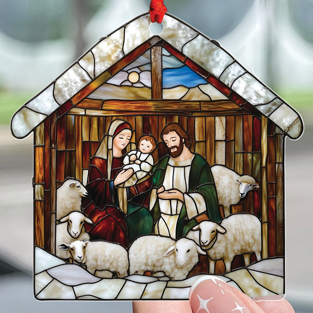 Teesdily | Nativity Scene Acrylic Ornament , Nativity Jesus Snowy House Christmas Ornament, Religious Jesus Lover Gift