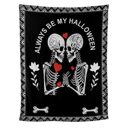 Teesdily | Skull Couple Personalized Fleece Blanket Always Be My Halloween Warm Blanket Gothic Skeleton Blanket Personalized Christmas Couple Gifts