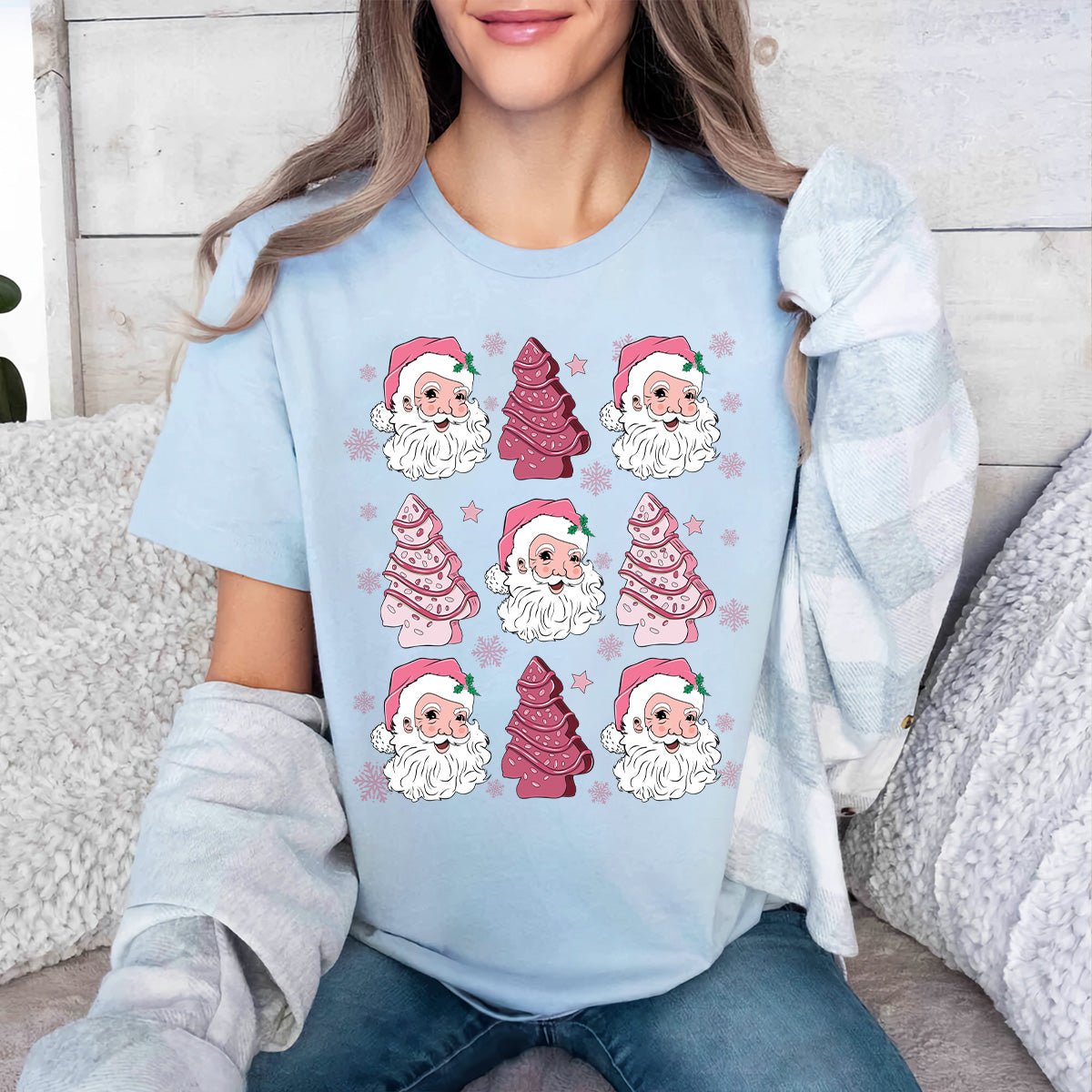 Teesdily | Santa Claus Cakes Shirt, Pink Christmas Tree Cakes Sweatshirt, Coquette Santa Cakes Hoodie, Coquette Bow Girly Mug