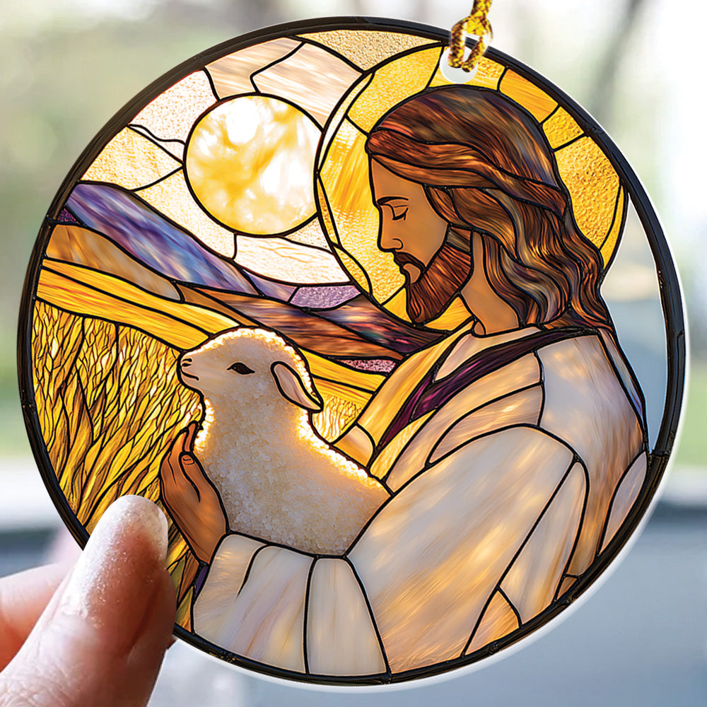 Teesdily | Jesus And Lamb Ornament Christmas, Jesus Christ Sheep Flower Stained Glass Printed Ornament 2D, Christmas Decor Gift