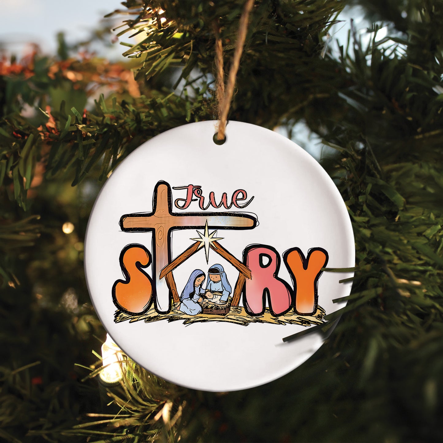 Teesdily | Jesus Nativity Ceramic Ornament, True Story Acrylic Ornament, Christmas Jesus Gifts, God Faith Lover Gifts, Christmas Decor, Xmas Gifts