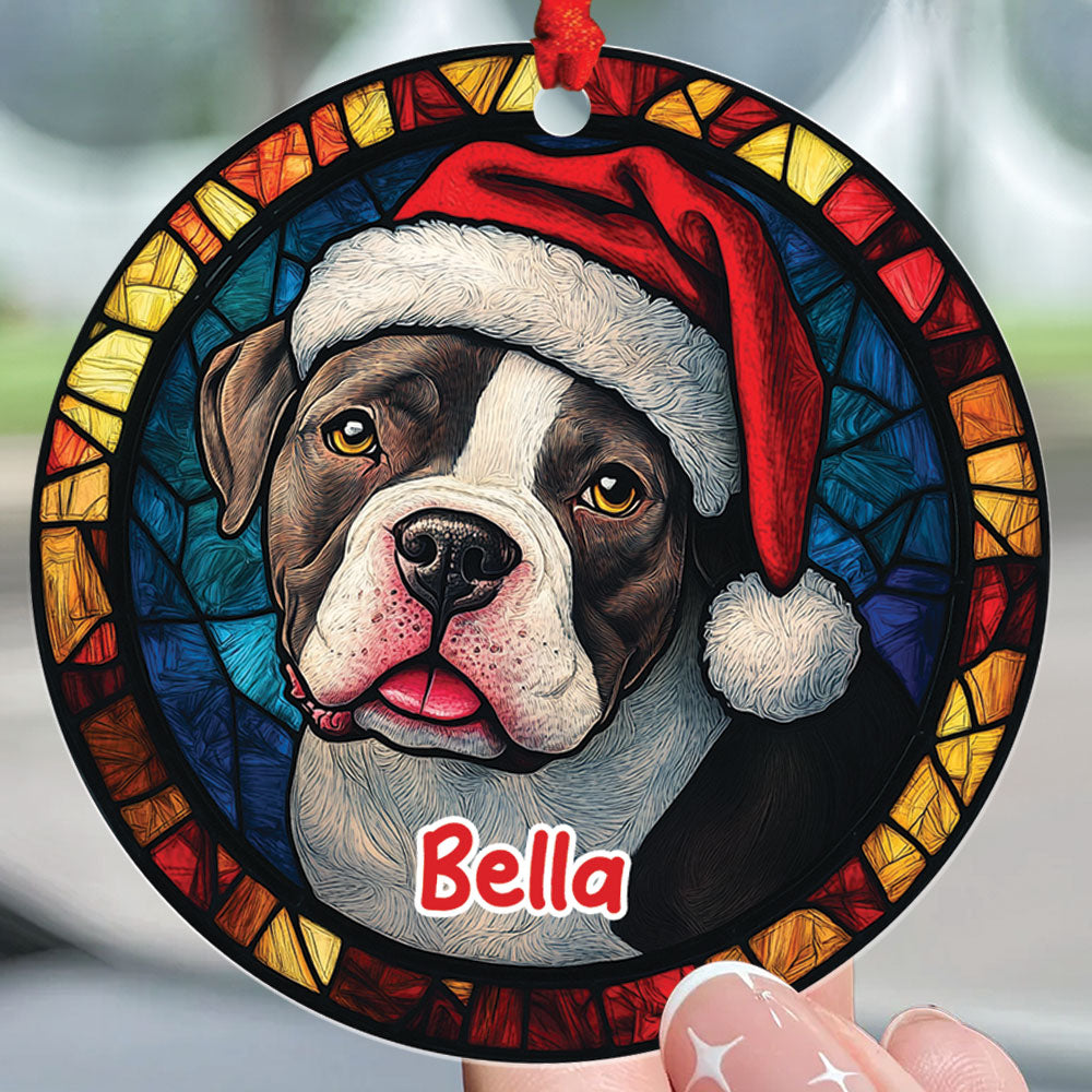 Teesdily | Customized Pit Bull Ornament Christmas, Dog Stained Glass 2D Ornament Christmas Decor, Dog Mom Pit Bull Lover Gift