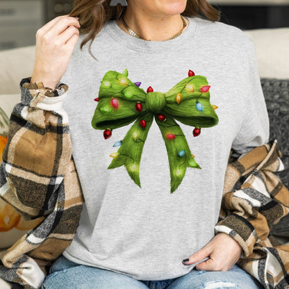 Teesdily | Green Christmas Coquette Bow Shirt, Green Fur Bow Christmas Sweatshirt, Christmas Light Bow Hoodie, Retro Christmas Gift